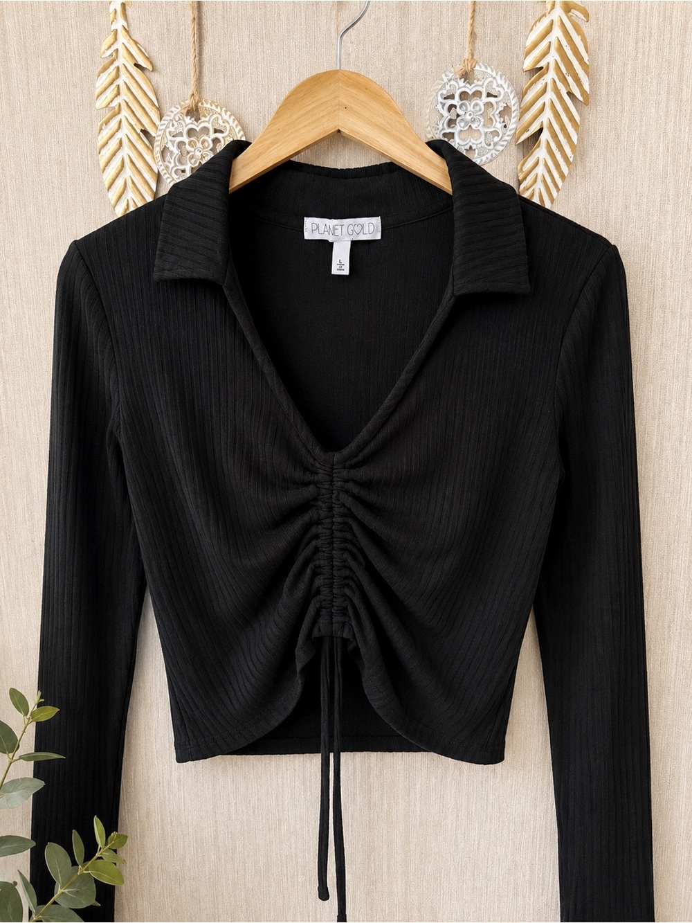 Planet Gold Black Ruched V-Neck Long Sleeve Crop Top